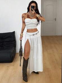 Coolane Women's All-Season Concert Rave Festival Going Out Renaissance Fair Lace Side Slit Skirt For Vacation Western Wear Y2K Texture Fabric Long White Skirt With Slit White Boho Maxi Skirt