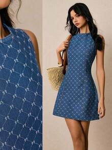 Vintamour 女式蝴蝶结印花腰部收紧无袖短款牛仔连衣裙，休闲优雅 - 中等水洗藍 - 查看 1