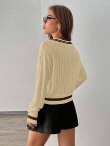 Chiquease Jersey de cuello en V profundo con ribete de color block, otoño/invierno - Albaricoque - Ver 2