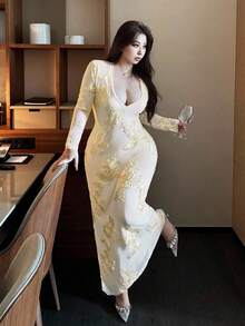 Flirla Party Plus Size Women's Elegant Sexy Lace Embroidered Knit Dress, Suitable For Autumn/Winter Wear, Airport Travel Outfit, Birthday Party, Club Party, Formal Occasion, Wedding Guest Dress, Romantic Dress Fall Cloth For Women - Apricot - View 3