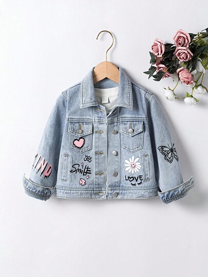 SHEIN Playful Pals Young Girls Denim Jackets & Coats, Y2K Style, Fashionable Street Casual, Light Blue Washed Floral & Letter Print, Fitted Silhouette, Daily Wear & School, Casual Denim Jacket For Little Girls Fall Winter