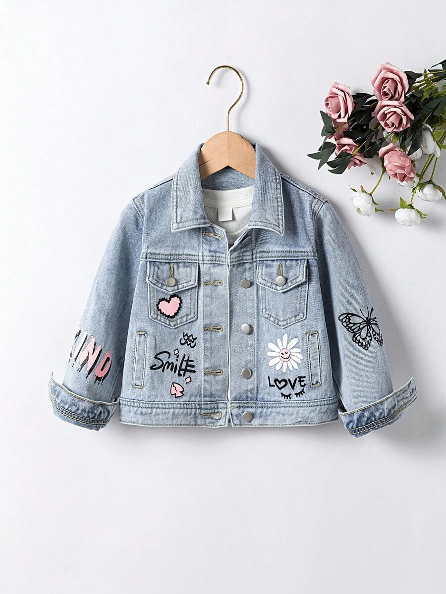 SHEIN Playful Pals Young Girls Denim Jackets & Coats, Y2K Style, Fashionable Street Casual, Light Blue Washed Floral & Letter Print, Fitted Silhouette, Daily Wear & School, Casual Denim Jacket For Little Girls Fall Winter
