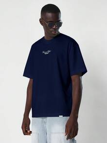 SUMWON Camiseta oversize premium de verano Sunwon Club New York, ropa urbana casual de moda con diseño de logotipo y texto, ajuste regular suave - Azul Marino - Ver 3