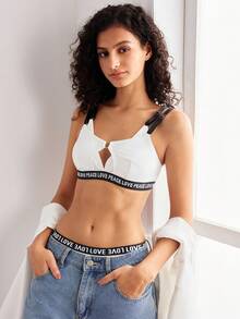 Women's Letter Jacquard Hollow Comfortable Bra Bralette White Bralette Tape Bra White Sports Bra - Black and White - View 4