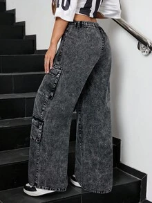 SHEIN 千禧年少女宽松灰色牛仔工装裤，冬季休闲时尚度假风，街头潮流，2000年代风格秋季装扮 - 灰色 - 查看 4