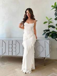 Jemour 1pc Women's Romantic Date Spaghetti Strap Ruffled Neck Bodycon Long Dress With Ruffle Trim, Spring/Summer,White Graduation Dress - White - View 5