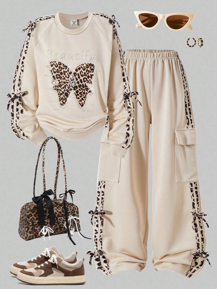 Sparklyn 2 件套青少年女孩宽松休闲蝴蝶结水钻撞色饰边运动衫和配套慢跑裤套装，适合日常、通勤、休闲、度假、聚会、街头风格、秋冬 - 杏色 - 查看 1