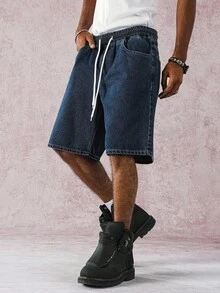Manfinity Hypemode Casual Dark Wash Straight Elastic Waist Stripe Denim Shorts, Spring/Summer - Dark Wash - View 6