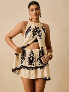 SHEIN VCAY Plus Size Apricot Retro Print Holiday Summer Sleeveless 2 In 1 Romper Bohemian  Boho Boho Chic Boho Style Western Clothes For Women Western Wear Women Plus Summer Boho Brunch Outfits For Women Airport Outfit For Women Beach Vacation Outfits City Break Outfits Holiday Outfits Old Money