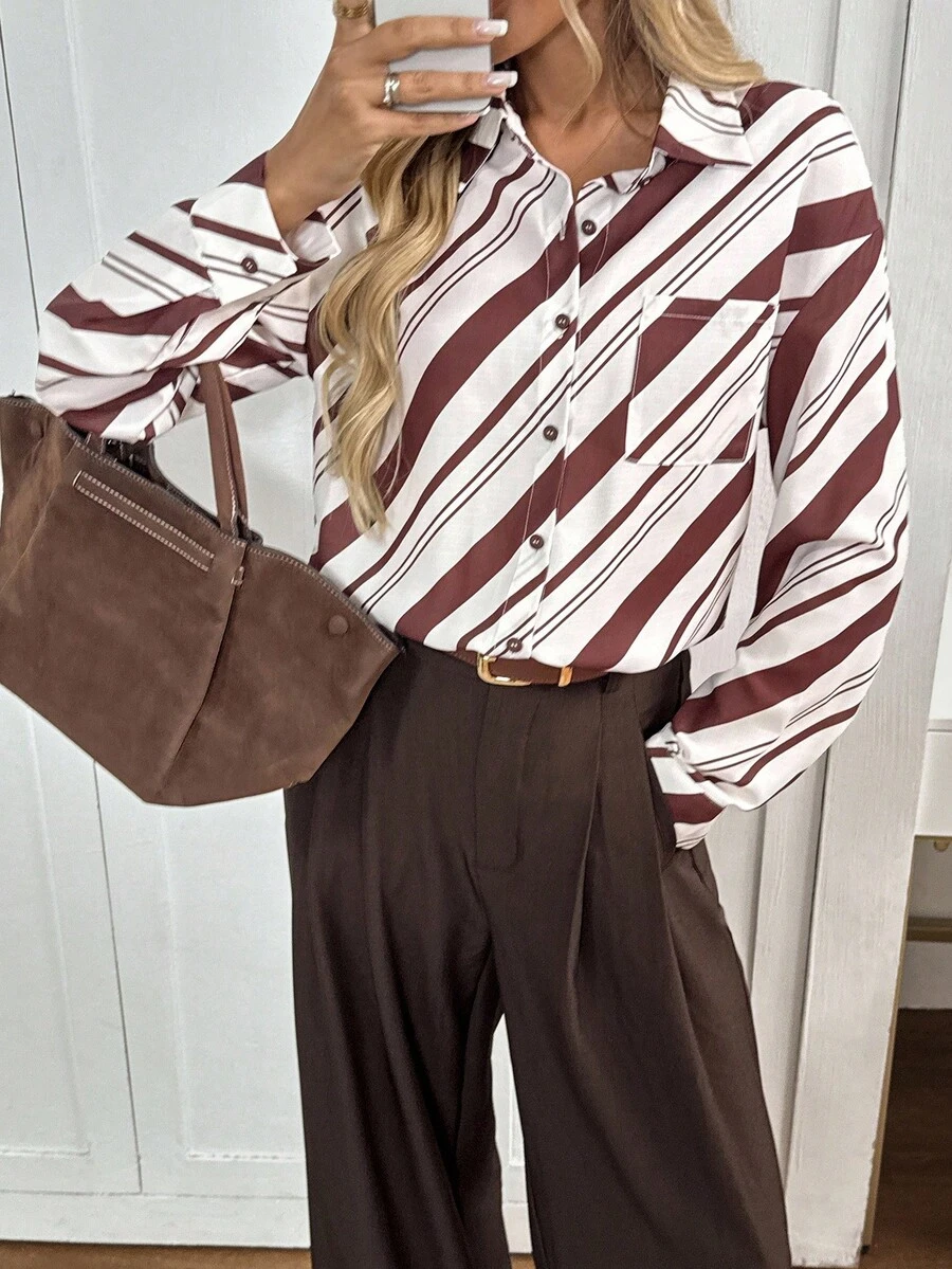 Easowa Asymmetrical Striped Print Casual Loose Commuter Vintage Style Women Shirt With Collar, Pocket, Button Front, Long Sleeve Striped Blouse Striped Shirt Diagonal Stripe Blouse Diagonal Stripe Shirt Office Blouse - Multicolor - View 1