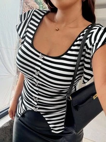 Vionelle Plus Size Women Cap Sleeve Fitted Striped Knit T-Shirt - Black and White - View 9