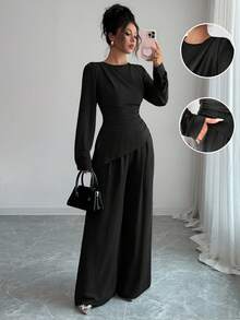 SHEIN Raffinéa 2pcs/Set Women Round Neck Solid Color Pleated Asymmetrical Hem Long Sleeve Top - Black - View 7