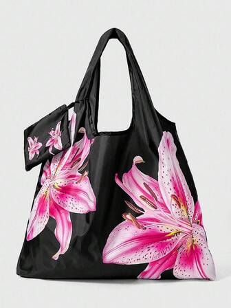 Fairycore Fashionable Pink & Red Flower Printed Pattern Large Capacity Portable Foldable Tote Bag With Coin Purse, Style No. 1324636