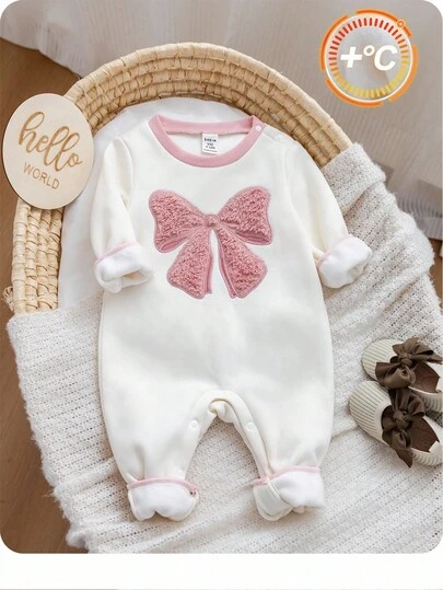 SHEIN 新生女婴可爱蝴蝶装饰长袖加厚羊毛连体衣，秋冬