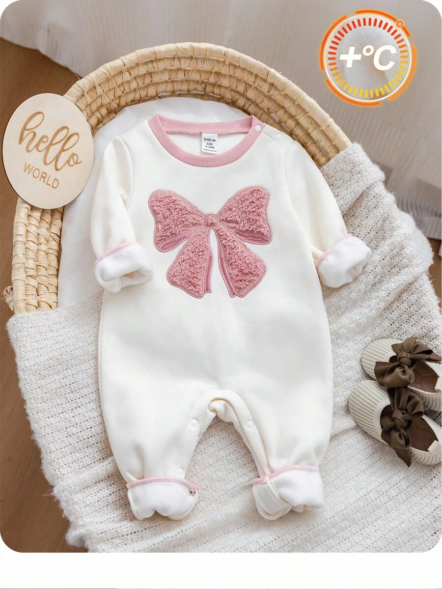 SHEIN 新生女婴可爱蝴蝶装饰长袖加厚羊毛连体衣，秋冬
