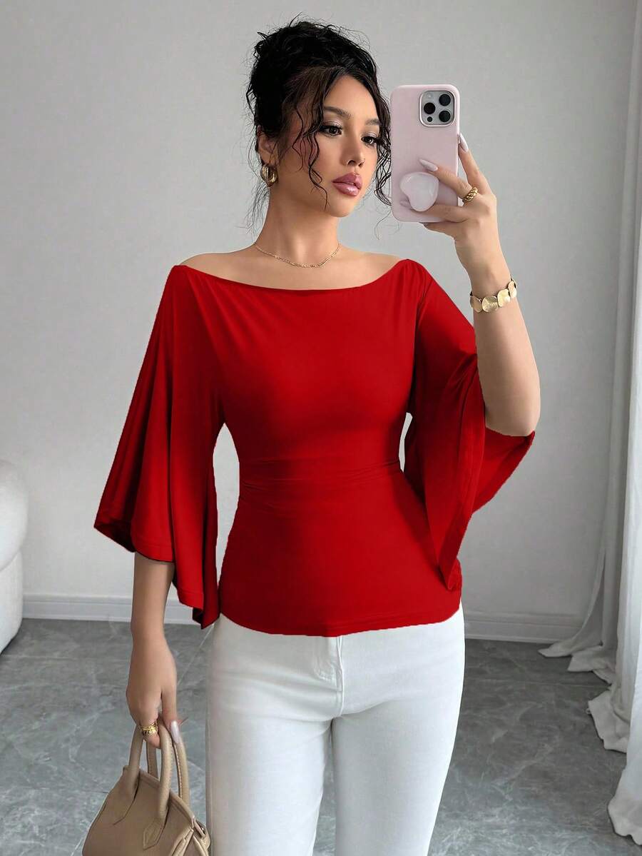 Elenzga Elegant Off Shoulder Bell Sleeve Solid Color T-Shirt For Women, Suitable For Commuting - Red - View 1