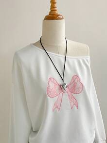 SHEIN Unity Women's Autumn Long Sleeve Bow Lace Embroidered Oblique Shoulder Sweatshirt - White - View 6