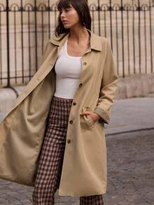 lacRébo Beige Oversized Trench Coat With Button Front Opening And Check Lining Fall Spring Summer Coat Old Money Style Luxury Premium - Apricot - View 5