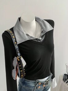 Sweetra 1 件女式条纹拼接不对称下摆紧身长袖 T 恤，二合一衬衫领，时尚休闲街头风格，秋冬图案 T 恤女式春季上衣 - 黑與白 - 查看 6