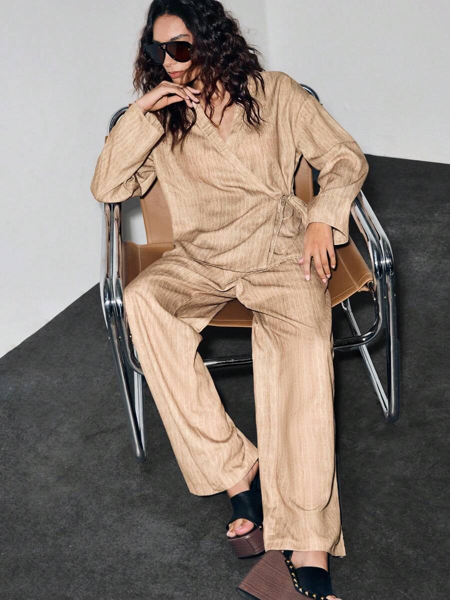 Lumivelle Luminelle Women Casual Striped Print Tie Waist Loose Suit Set - Khaki - View 1