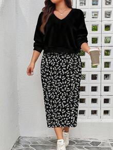 EMERY ROSE 2 件套大码女式休闲运动衫连衣裙，搭配简约黑白碎花图案，秋冬 - 彩色 - 查看 1