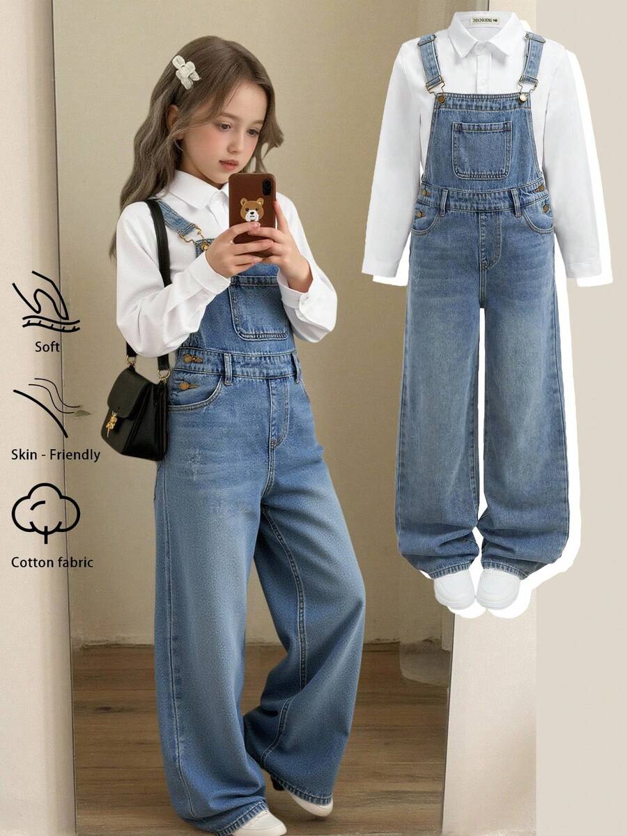 SHEIN Tween Girls  Fall/Winter Urban Street Cool Style Fashion Casual Korean Style Simple Basic Blue Denim Ripped Loose Fit Jumpsuit Overalls,For Girls Dailywear Costumes Fall/Winter Clothes And Back To School Clothes,Girls Streetwear Outfits,Girls Christmas Outfits,Tween Girls Denim Dress,10-Year-Old  Girls Denim Dress - Medium Wash - View 1