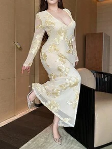 Flirla Party Plus Size Women's Elegant Sexy Lace Embroidered Knit Dress, Suitable For Autumn/Winter Wear, Airport Travel Outfit, Birthday Party, Club Party, Formal Occasion, Wedding Guest Dress, Romantic Dress Fall Cloth For Women - Apricot - View 9