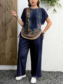 EMERY ROSE مجموعة قطعتين بطراز أزهار فينتاج كاجوال مناسبة للمقاسات الكبيرة، مناسبة للصيف - الأزرق - مشاهدة 6