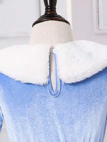 SHEIN Glamorique Kids 1pc Girls Spring/Autumn New 2025 Blue Velvet Faux Fur Collar Backless Snowflake Foil Print Mesh Panel Sash Decor Party Birthday Elegant Blue Dreamy Princess Dress Fall Winter Winter Snow Flake Pagent Dress For Girls Blue Princess Dress Girls Sparkly Light Blue Dress For Girls - Blue - View 5