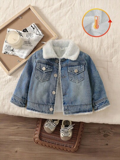 SHEIN Playful Pals Baby Boys' Classic Blue Vintage Denim Lapel Long Sleeve Cardigan, Thermal Lined Design For More Fashionable, Suitable For Casual Outings, Home Leisure, And Party Occasions,Baby Boy Fall Jacket Infant Boy Jacket Baby Boy Outfit  Baby Boy Baby Girl Unisex Infant Toddler Winter Coat