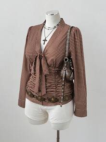 Sunspun 大码女式收腰衬衫、领口围巾衬衫、褶腰衬衫、波点衬衫，适合外出和通勤的休闲装 - 彩色 - 查看 4