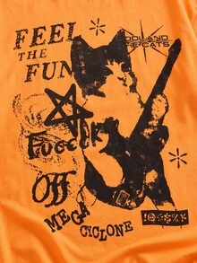 Y2Kool BiGraphic 女士休闲猫咪吉他印花T恤，夏季动漫猫咪T恤，猫咪图案T恤，橙色动漫T恤，橙色图案T恤，卡通猫咪T恤，派对上衣，时尚服装系列，新年服装，纯棉 - 橘色 - 查看 4