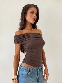 Aloruh Áo thun nữ màu nâu trơn, kiểu dáng trễ vai, xếp ly, ôm sát, thích hợp cho nữ công sở, đi chơi, giáo viên. - Cà phê nâu - Xem 7