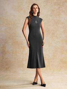 House of One Mock Neck Cap Sleeve Fit And Flared Knit Dress Women Summer Autumn Casual Midi Dress