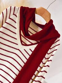 CosyJoli Plus Size Women Fashion Casual Daily 2 Pieces Set, V-Neck Pullover Sweater & Scarf, Versatile Peach Striped Design Fall Sweater V-Neck Sweater Women Pullover Sweater Striped Sweater Women Striped Sweater