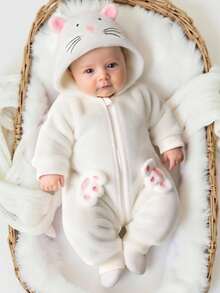 Newborn Baby Plush Embroidered Cat Jumpsuit White & Pink Contrast Color, Cute & Fun, Thermal Lined Thick, Front Zipper Closure, Suitable For Autumn/Winter Wear, Indoor, Outdoor, Photography, Birthday Party, 0-9M Fall - Beige - View 1
