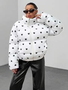 EURMUSE Heart Print Stand Collar Casual Jacket, Winter - White - View 5