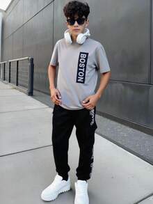 SHEIN 2pcs Tween Boy Casual Solid Color Letter Graphic Short Sleeve Crew Neck T-Shirt And Side Stripe Elastic Waist Pocket Shorts Set, Suitable For Spring, Summer, Autumn, Great For Outdoor Play, School, Street, Party And Home Leisure, High Cost-Effective - Grey - View 7