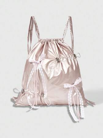 Grunge Punk Zaino con coulisse e fiocco in stile Y2K, carino e sexy, zaino con coulisse rosa olografico minimalista ispirato alla tecnologia, borsa con coulisse impermeabile, leggera, con grande capacità, pieghevole, adatta per uso casual, viaggi, pendolarismo e uso quotidiano