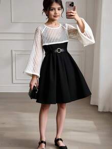 SHEIN 2 Bộ trang phục Xuân/Hè đồng màu dành cho các cô gái tuổi Tween - Áo crop top dài tay và váy không tay có đường viền cổ tròn - Đen và trắng - Xem 6