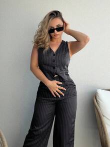 Jeta Ari 女式休闲条纹西装背心和西装裤套装 - 黑色 - 查看 1