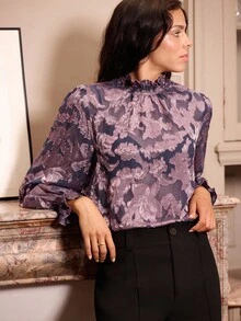 lacRébo Sheer Floral Metallic Blouse With Ruffled Neck Fall Women Clothes Autumn Outfits Fall Women Clothes Autumn Winter Elegant Blouse