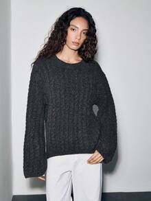 SHEIN LUNE 女士宽松圆领扭纹针织长袖毛衣，秋季休闲女式套头衫 - 深灰色 - 查看 3