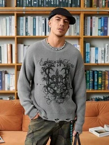 Manfinity EMRG 男士休闲字母图案圆领落肩长袖毛衣，秋季 - 灰色 - 查看 5