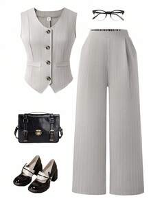 Sparklyn 2 件套青少年都市通勤优雅学院派对条纹背心 + 西装裤套装 - 彩色 - 查看 8