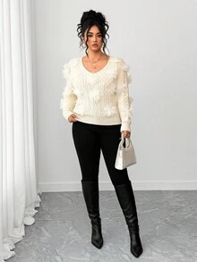 Elenzga Plus Size Women V-Neck 3D Floral Long Sleeve Pullover Sweater, Autumn Fall Winter Cloth For Women