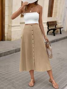 SHEIN VCAY Women's Solid Color High Waist Single-Breasted Elegant A-Line Midi Skirt