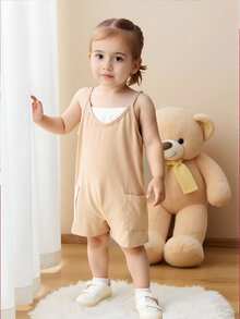 SHEIN Vintaside Kids 年轻女孩度假双口袋连体裤无袖短裤，夏季 - 杏色 - 查看 3