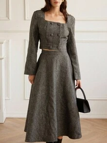Aveloria Rosie Solid Color Commuter Chic Boxy Collar Cropped Top & Flared Midi Skirt 2 Pieces Set - Multicolor - View 3