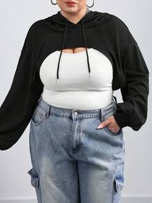 SHEIN CURVE+ 大码黑色针织超短连帽毛衣，适合秋冬穿/秋冬 - 黑色 - 查看 4